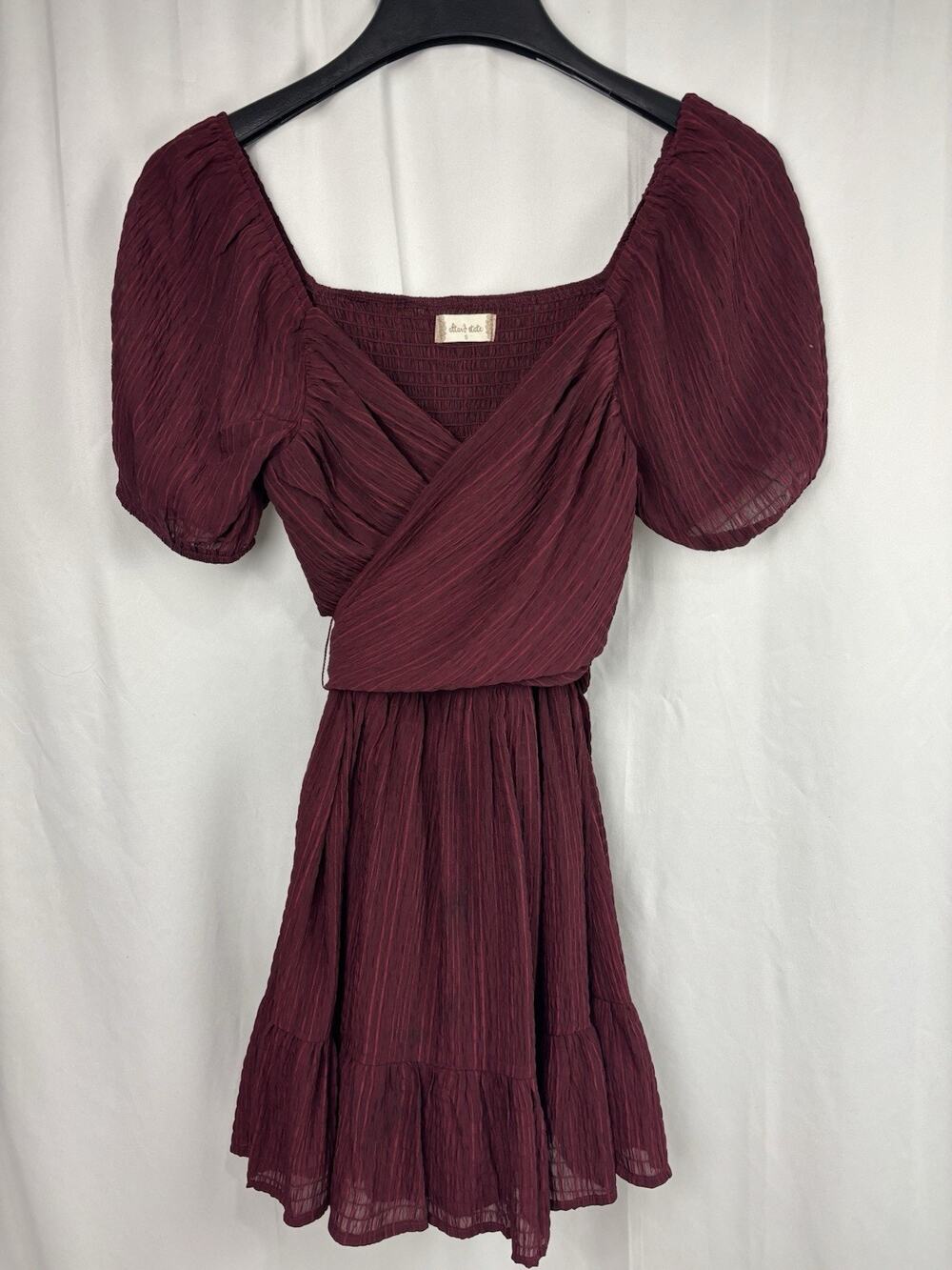 Altar'd State Faux Wrap Dress Burgundy Size S Puff Sleeve Romantic Whimsygoth